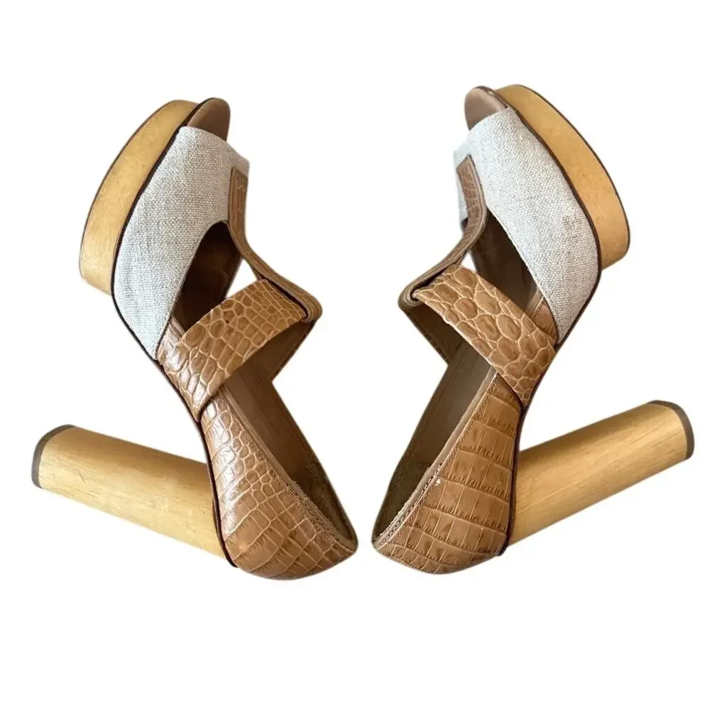 Tory Burch Georgina Linen Platform Heels Croc Leather Peep Toe Sz 9